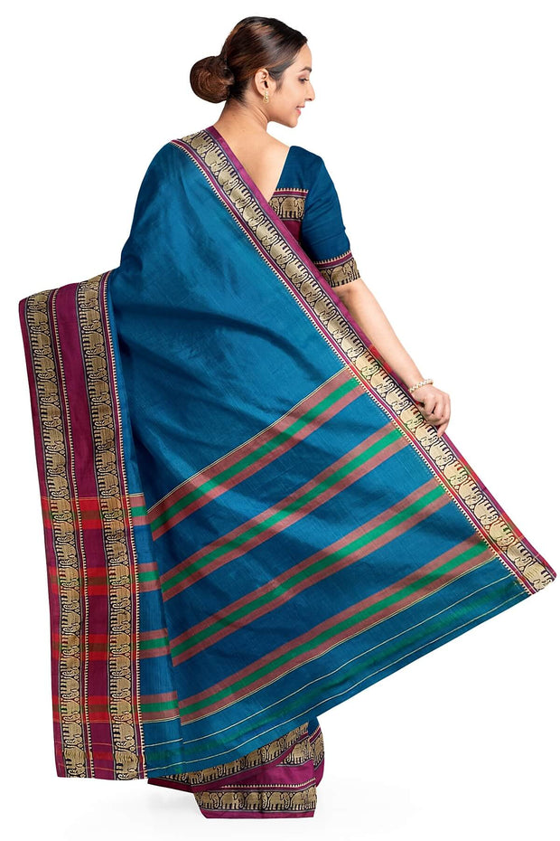 Narayanpet pure cotton saree in peacock blue with elephant border