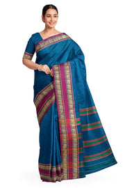 Narayanpet pure cotton saree in peacock blue with elephant border