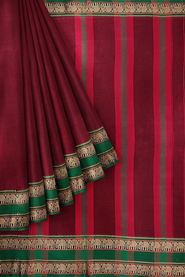 Narayanpet pure cotton saree in maroon with elephant border