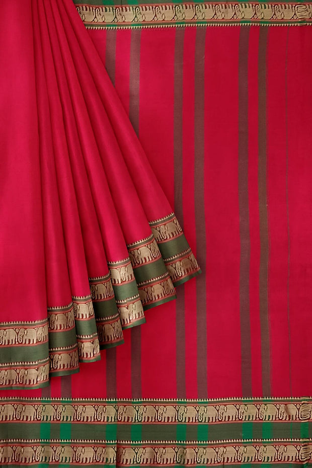 Narayanpet pure cotton saree in red with elephant border