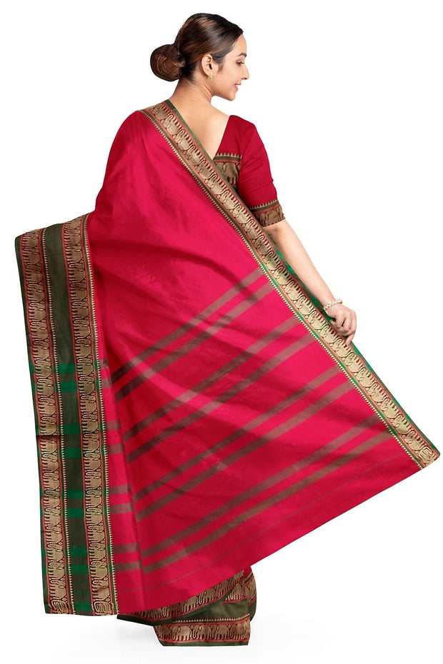 Narayanpet pure cotton saree in red with elephant border