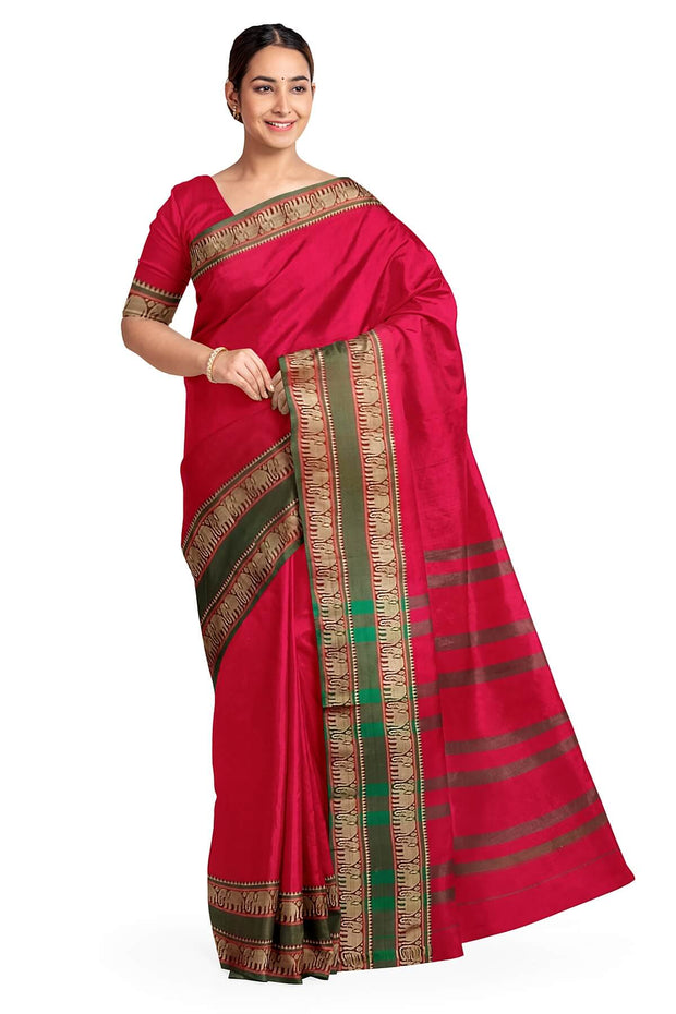 Narayanpet pure cotton saree in red with elephant border