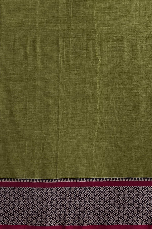 Narayanpet pure cotton saree in olive green with mango motifs in  border