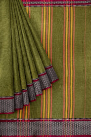 Narayanpet pure cotton saree in olive green with mango motifs in  border