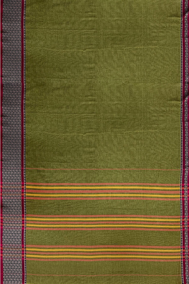 Narayanpet pure cotton saree in olive green with mango motifs in  border