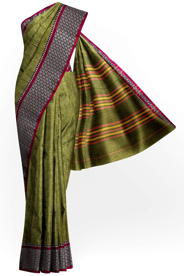 Narayanpet pure cotton saree in olive green with mango motifs in  border