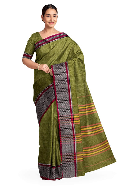 Narayanpet pure cotton saree in olive green with mango motifs in  border