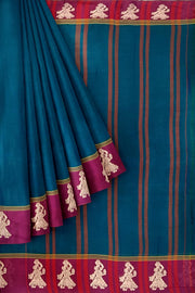 Narayanpet pure cotton saree in peacock blue with Gollabhama  border