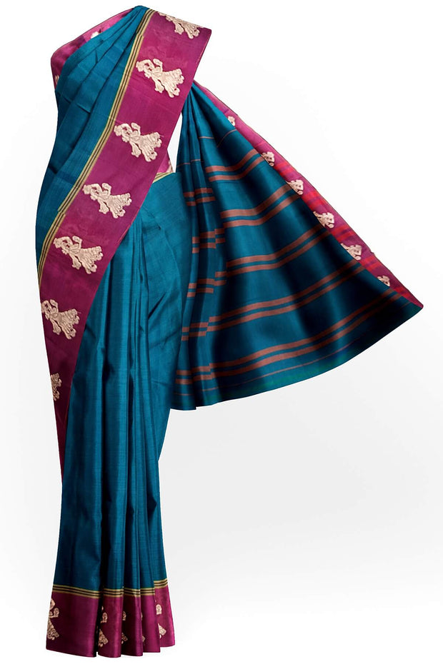 Narayanpet pure cotton saree in peacock blue with Gollabhama  border