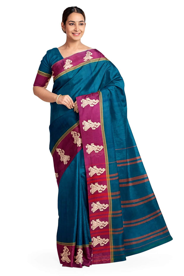 Narayanpet pure cotton saree in peacock blue with Gollabhama  border