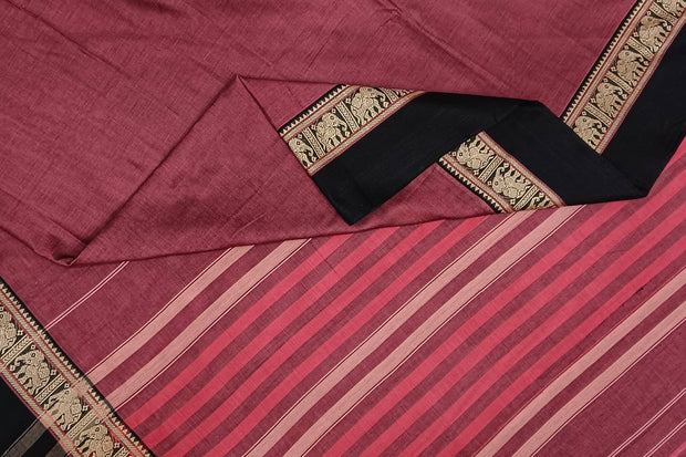 Narayanpet pure  cotton saree in double shaded magenta with elephant motifs in border