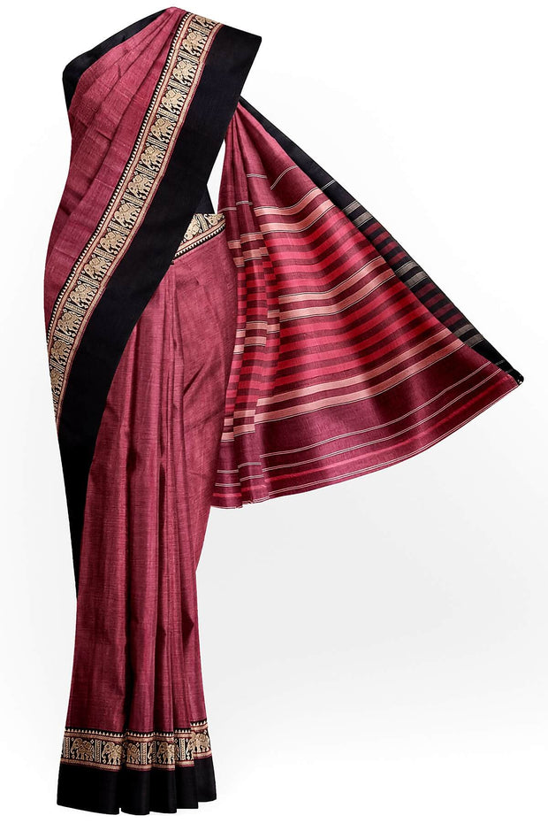 Narayanpet pure  cotton saree in double shaded magenta with elephant motifs in border