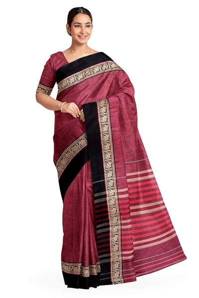 Narayanpet pure  cotton saree in double shaded magenta with elephant motifs in border