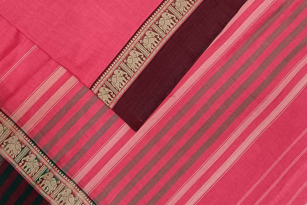 Narayanpet pure cotton saree in candy pink with elephant motifs in border