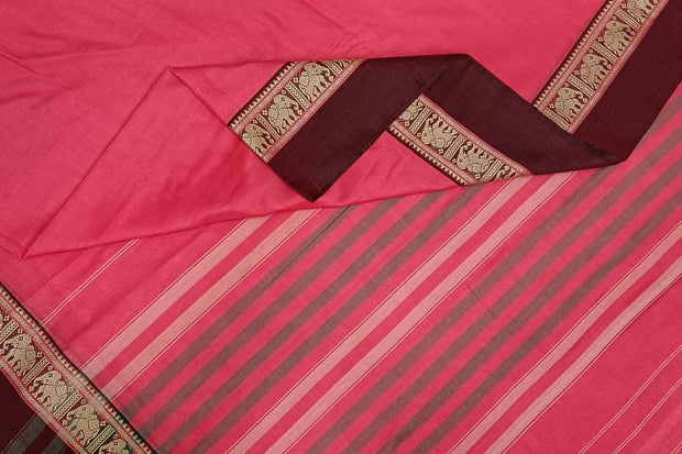 Narayanpet pure cotton saree in candy pink with elephant motifs in border