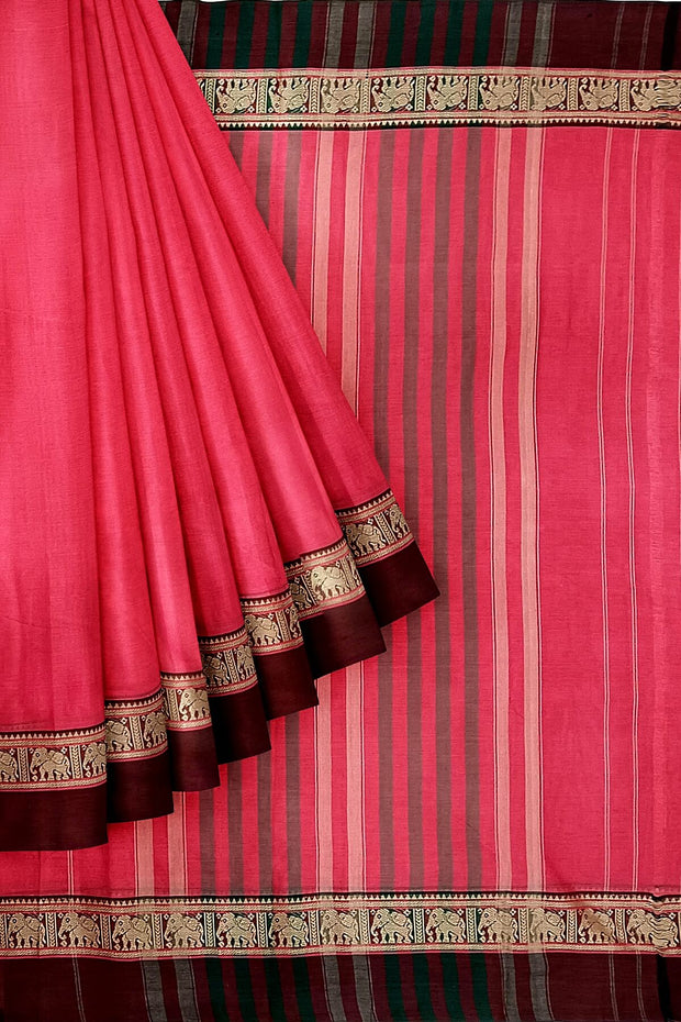 Narayanpet pure cotton saree in candy pink with elephant motifs in border