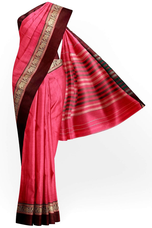 Narayanpet pure cotton saree in candy pink with elephant motifs in border