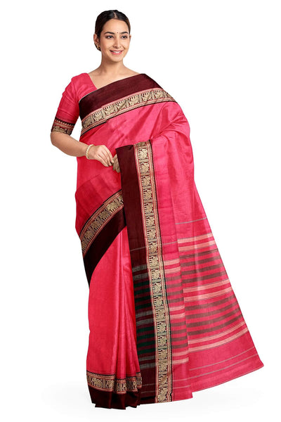 Narayanpet pure cotton saree in candy pink with elephant motifs in border