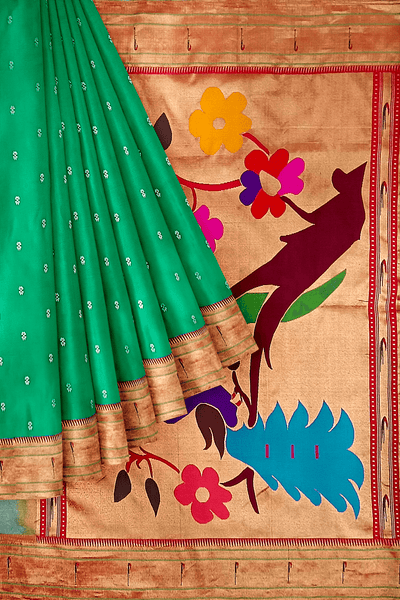 Paithani pure silk saree in Rama green  with small motifs with a muniya border