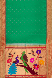 Paithani pure silk saree in Rama green  with small motifs with a muniya border