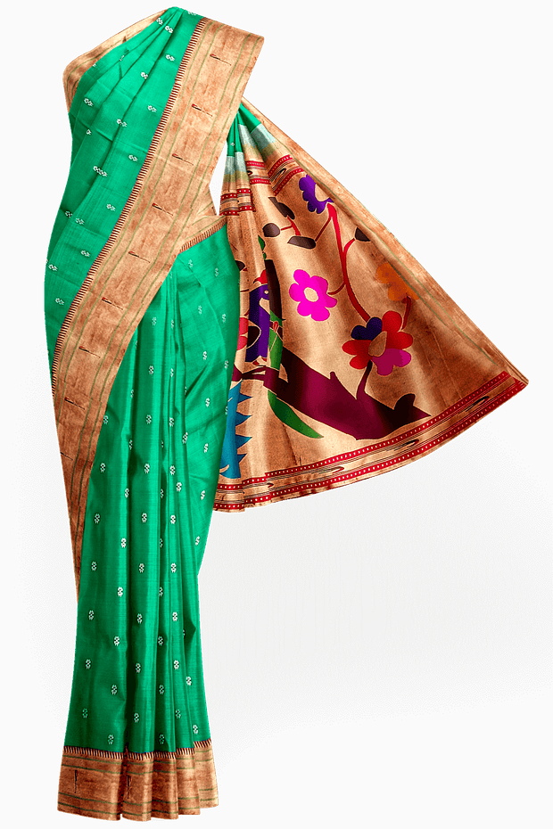 Paithani pure silk saree in Rama green  with small motifs with a muniya border