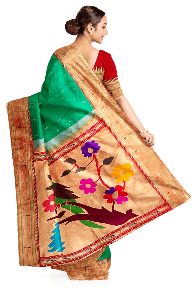 Paithani pure silk saree in Rama green  with small motifs with a muniya border