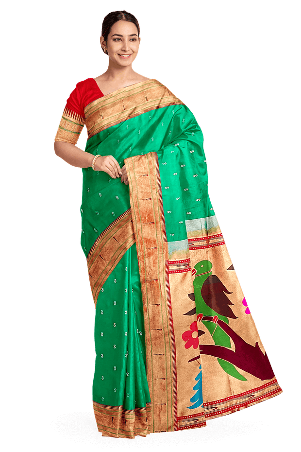 Paithani pure silk saree in Rama green  with small motifs with a muniya border