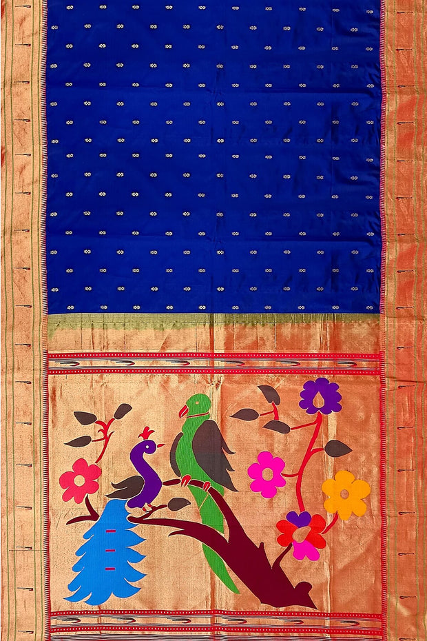 Paithani pure silk saree in blue  with small motifs and a fancy pallu with muniya border