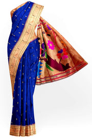 Paithani pure silk saree in blue  with small motifs and a fancy pallu with muniya border