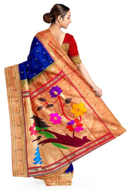 Paithani pure silk saree in blue  with small motifs and a fancy pallu with muniya border