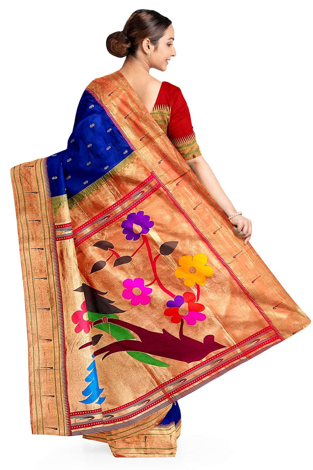 Paithani pure silk saree in blue  with small motifs and a fancy pallu with muniya border