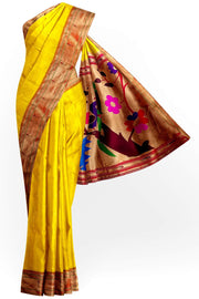 Paithani pure silk saree in yellow  with small motifs and a fancy pallu with muniya border