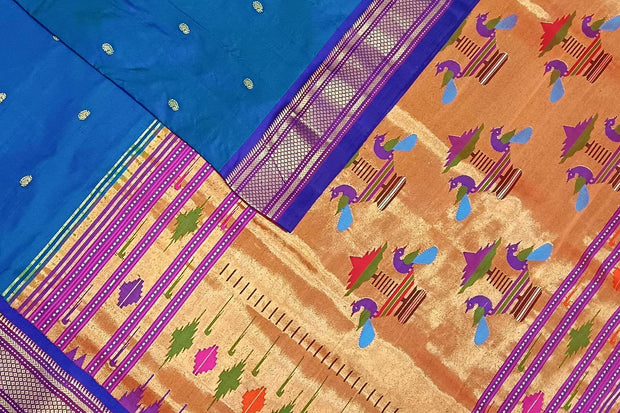 Handwoven Paithani pure silk saree in  peacock blue with paisley motifs