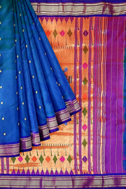 Handwoven Paithani pure silk saree in  peacock blue with paisley motifs