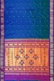 Handwoven Paithani pure silk saree in  peacock blue with paisley motifs