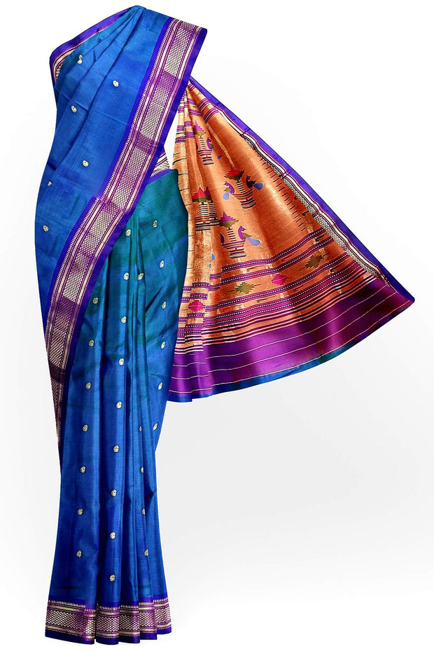 Handwoven Paithani pure silk saree in  peacock blue with paisley motifs