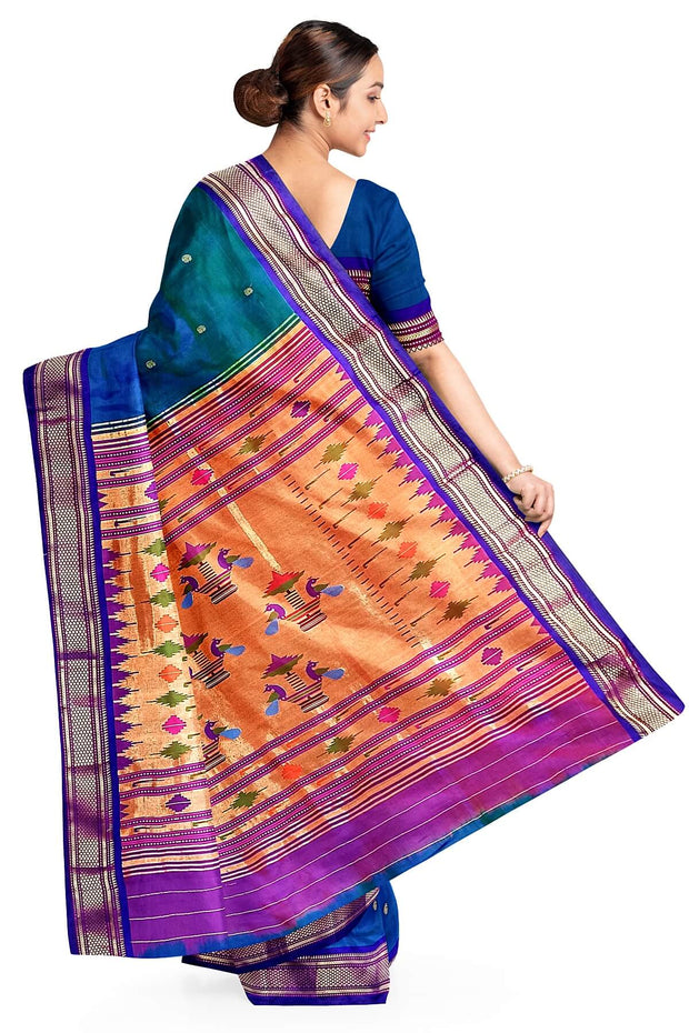 Handwoven Paithani pure silk saree in  peacock blue with paisley motifs