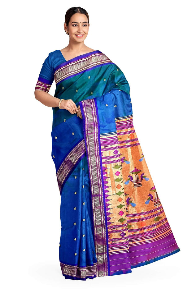 Handwoven Paithani pure silk saree in  peacock blue with paisley motifs