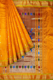 Handwoven Paithani pure silk saree in mustard yellow with paisley motifs