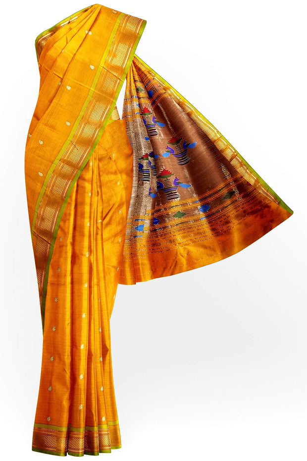 Handwoven Paithani pure silk saree in mustard yellow with paisley motifs