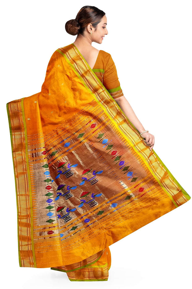 Handwoven Paithani pure silk saree in mustard yellow with paisley motifs