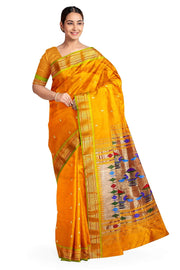 Handwoven Paithani pure silk saree in mustard yellow with paisley motifs