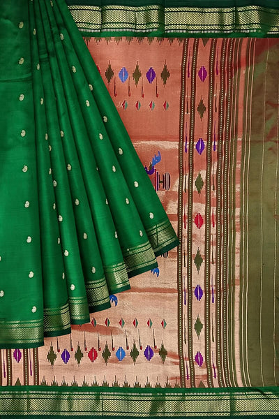 Handwoven Paithani pure silk saree in dark green with paisley motifs