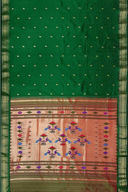 Handwoven Paithani pure silk saree in dark green with paisley motifs