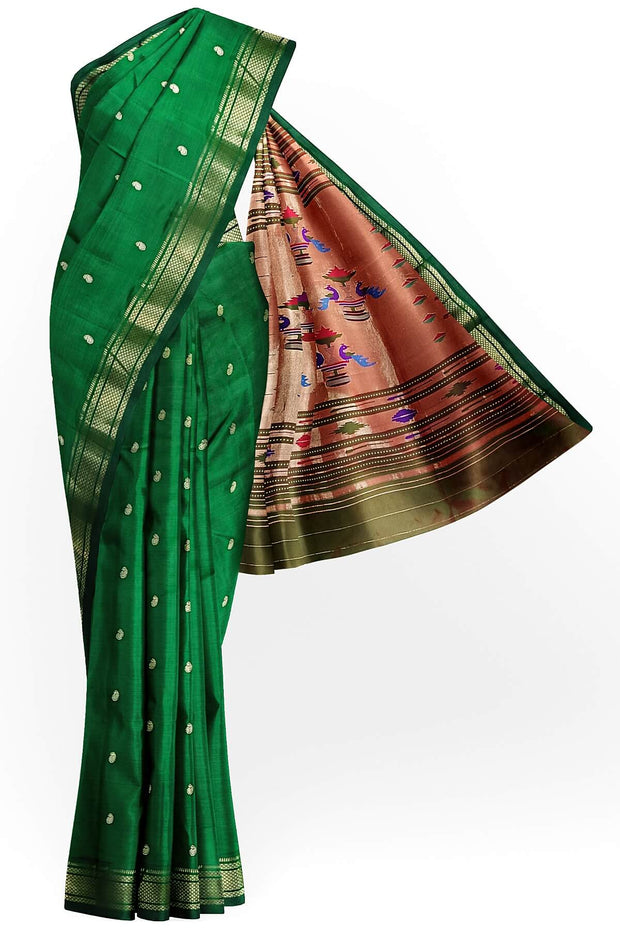 Handwoven Paithani pure silk saree in dark green with paisley motifs