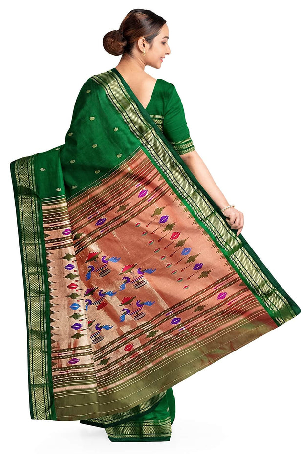 Handwoven Paithani pure silk saree in dark green with paisley motifs