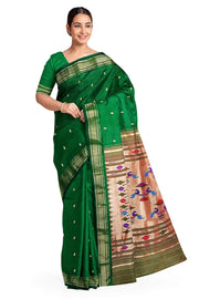 Handwoven Paithani pure silk saree in dark green with paisley motifs