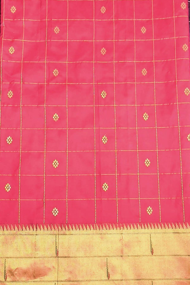 Handwoven Paithani pure silk saree in purple with checks & buttis on the body .