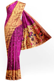 Handwoven Paithani pure silk saree in purple with checks & buttis on the body .