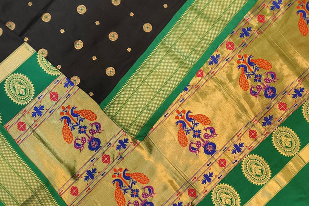 Paithani pure silk saree in black with small buttis all over the body